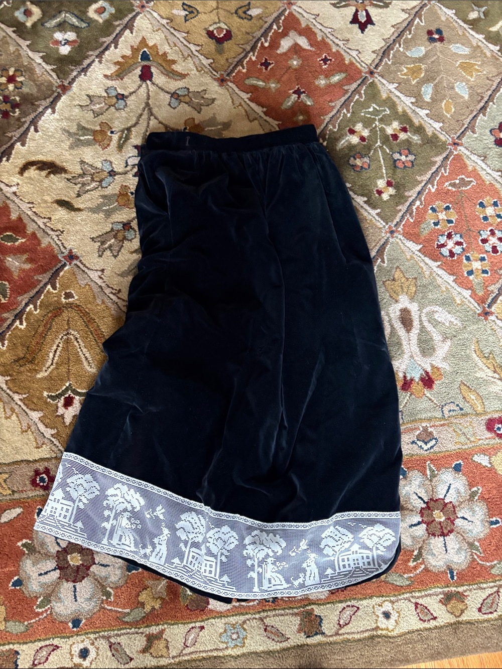 Vintage Velvet Midi Skirt with Embroidered Border - Navy